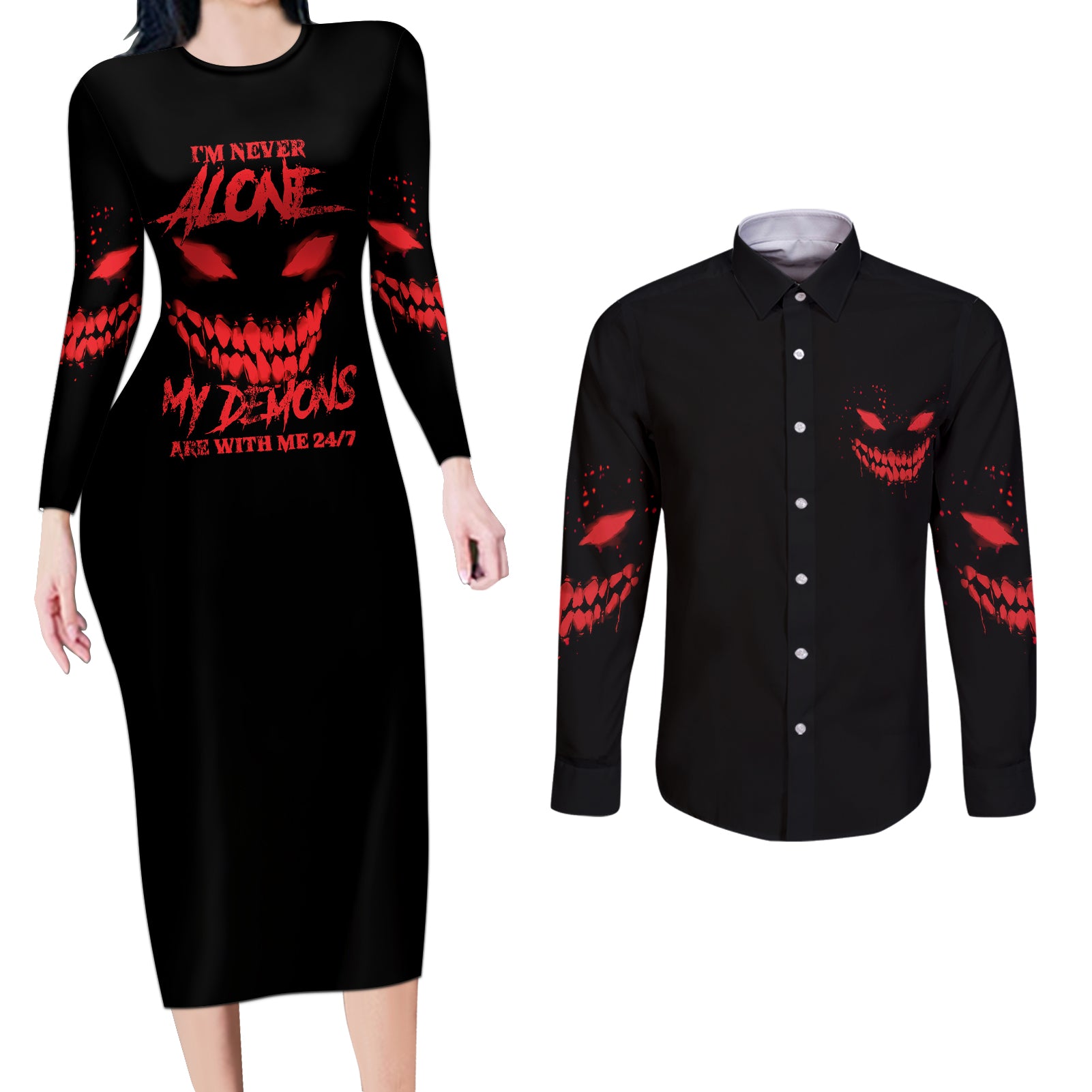 I'm Never Alone My Demon Are With Me Couples Matching Long Sleeve Bodycon Dress and Long Sleeve Button Shirt - Wonder Print Shop