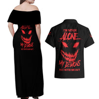I'm Never Alone My Demon Are With Me Couples Matching Off Shoulder Maxi Dress and Hawaiian Shirt - Wonder Print Shop
