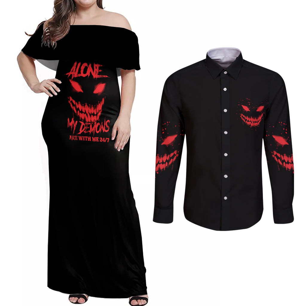I'm Never Alone My Demon Are With Me Couples Matching Off Shoulder Maxi Dress and Long Sleeve Button Shirt - Wonder Print Shop