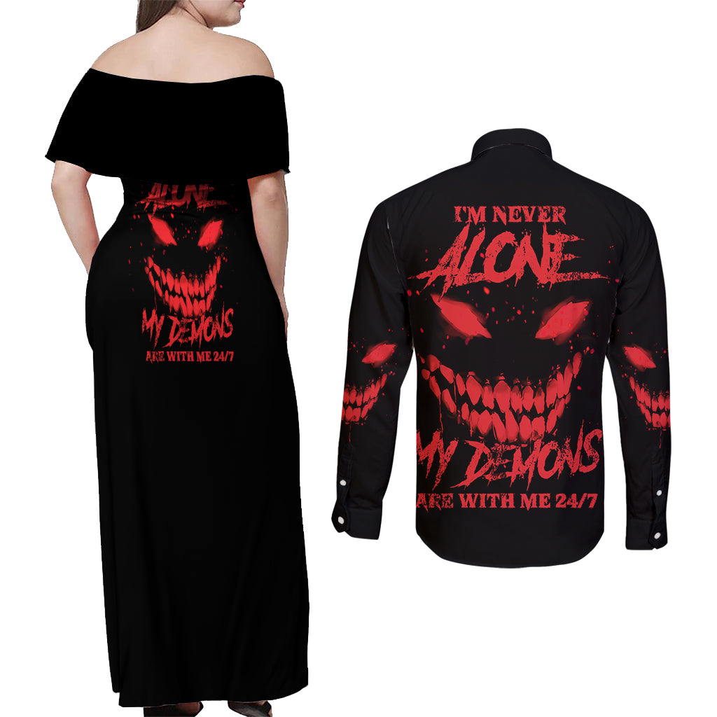 I'm Never Alone My Demon Are With Me Couples Matching Off Shoulder Maxi Dress and Long Sleeve Button Shirt - Wonder Print Shop
