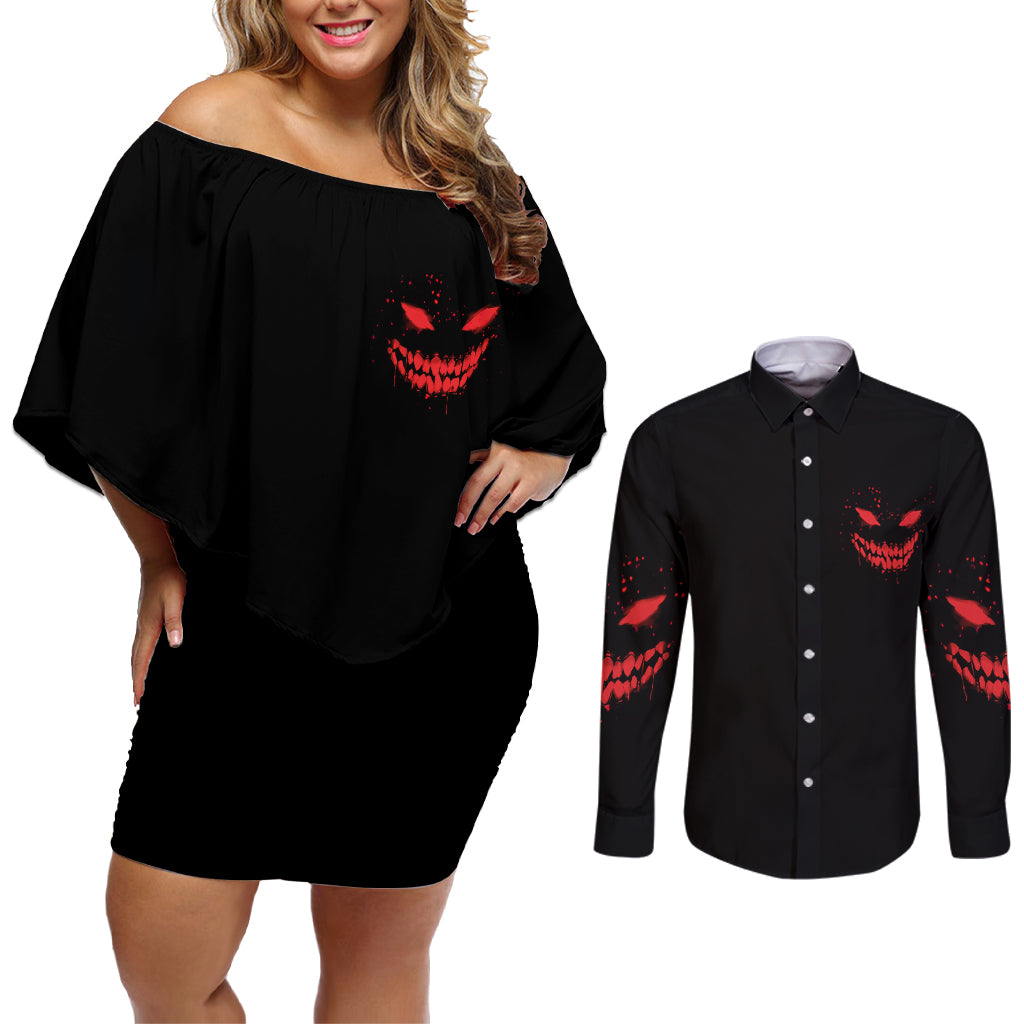 I'm Never Alone My Demon Are With Me Couples Matching Off Shoulder Short Dress and Long Sleeve Button Shirt - Wonder Print Shop