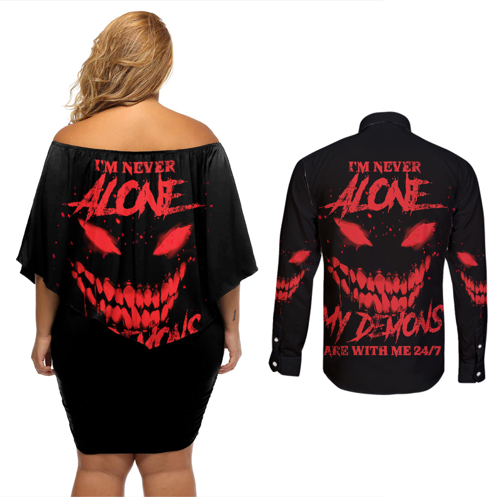 I'm Never Alone My Demon Are With Me Couples Matching Off Shoulder Short Dress and Long Sleeve Button Shirt - Wonder Print Shop