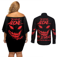I'm Never Alone My Demon Are With Me Couples Matching Off Shoulder Short Dress and Long Sleeve Button Shirt - Wonder Print Shop