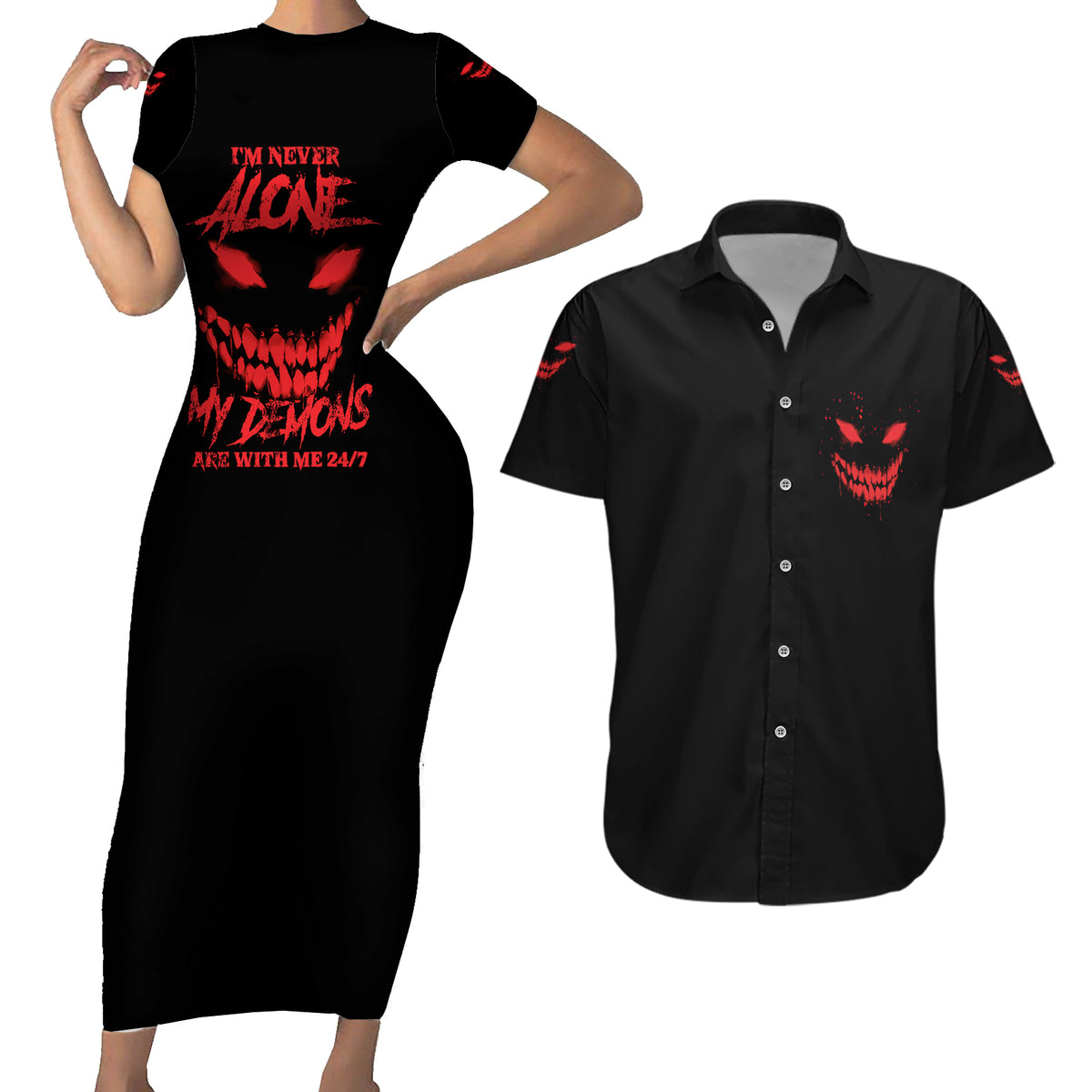 I'm Never Alone My Demon Are With Me Couples Matching Short Sleeve Bodycon Dress and Hawaiian Shirt - Wonder Print Shop