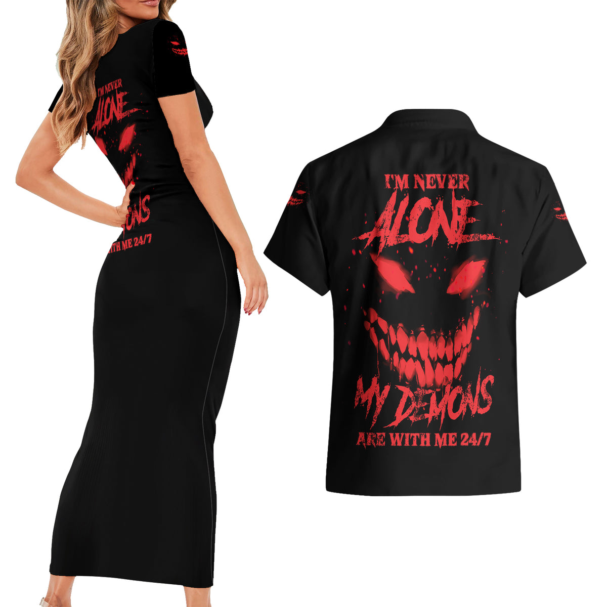 I'm Never Alone My Demon Are With Me Couples Matching Short Sleeve Bodycon Dress and Hawaiian Shirt - Wonder Print Shop