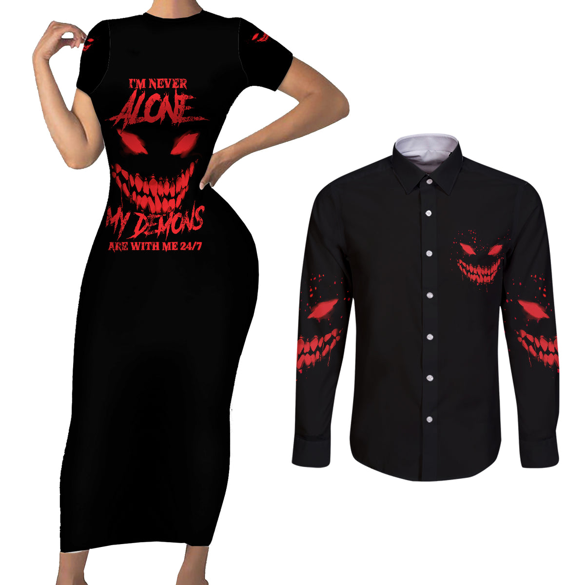 I'm Never Alone My Demon Are With Me Couples Matching Short Sleeve Bodycon Dress and Long Sleeve Button Shirt - Wonder Print Shop