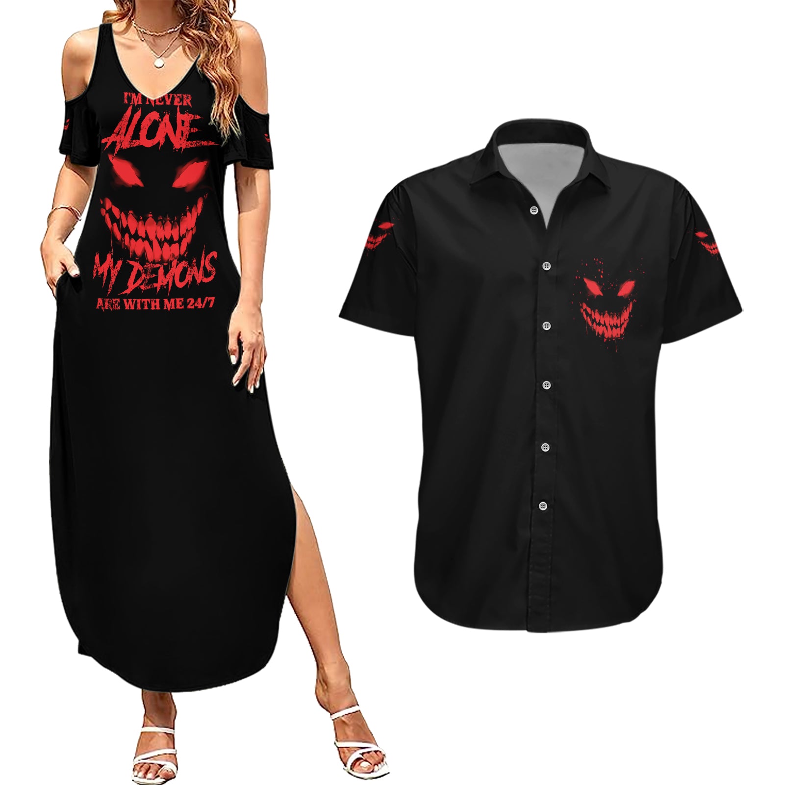 I'm Never Alone My Demon Are With Me Couples Matching Summer Maxi Dress and Hawaiian Shirt - Wonder Print Shop