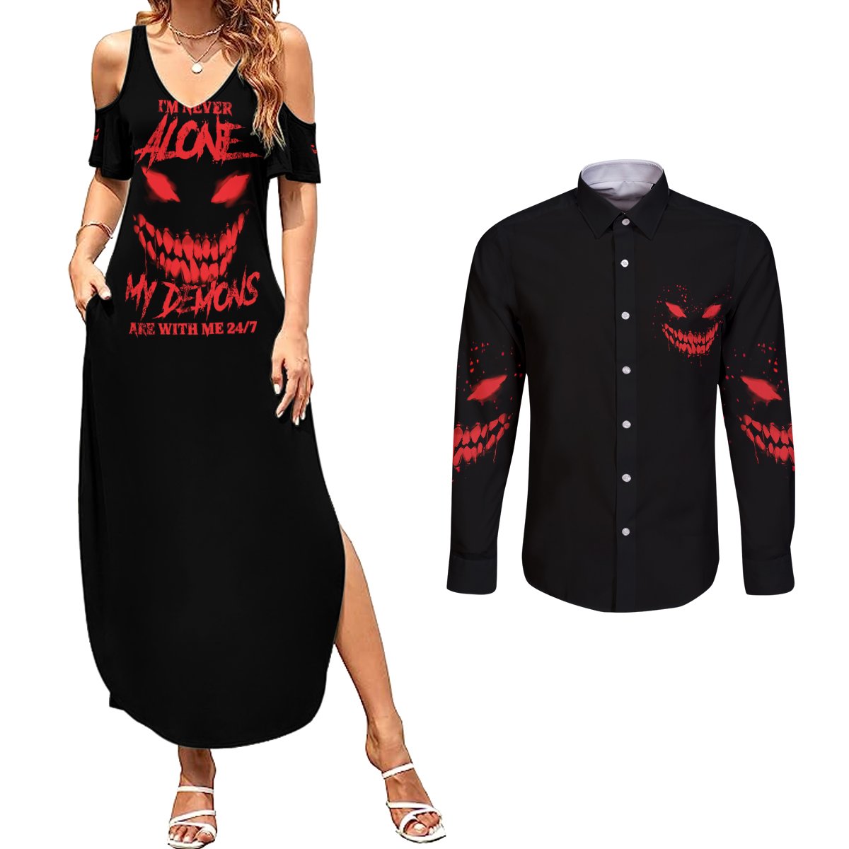 I'm Never Alone My Demon Are With Me Couples Matching Summer Maxi Dress and Long Sleeve Button Shirt - Wonder Print Shop