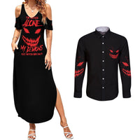 I'm Never Alone My Demon Are With Me Couples Matching Summer Maxi Dress and Long Sleeve Button Shirt - Wonder Print Shop