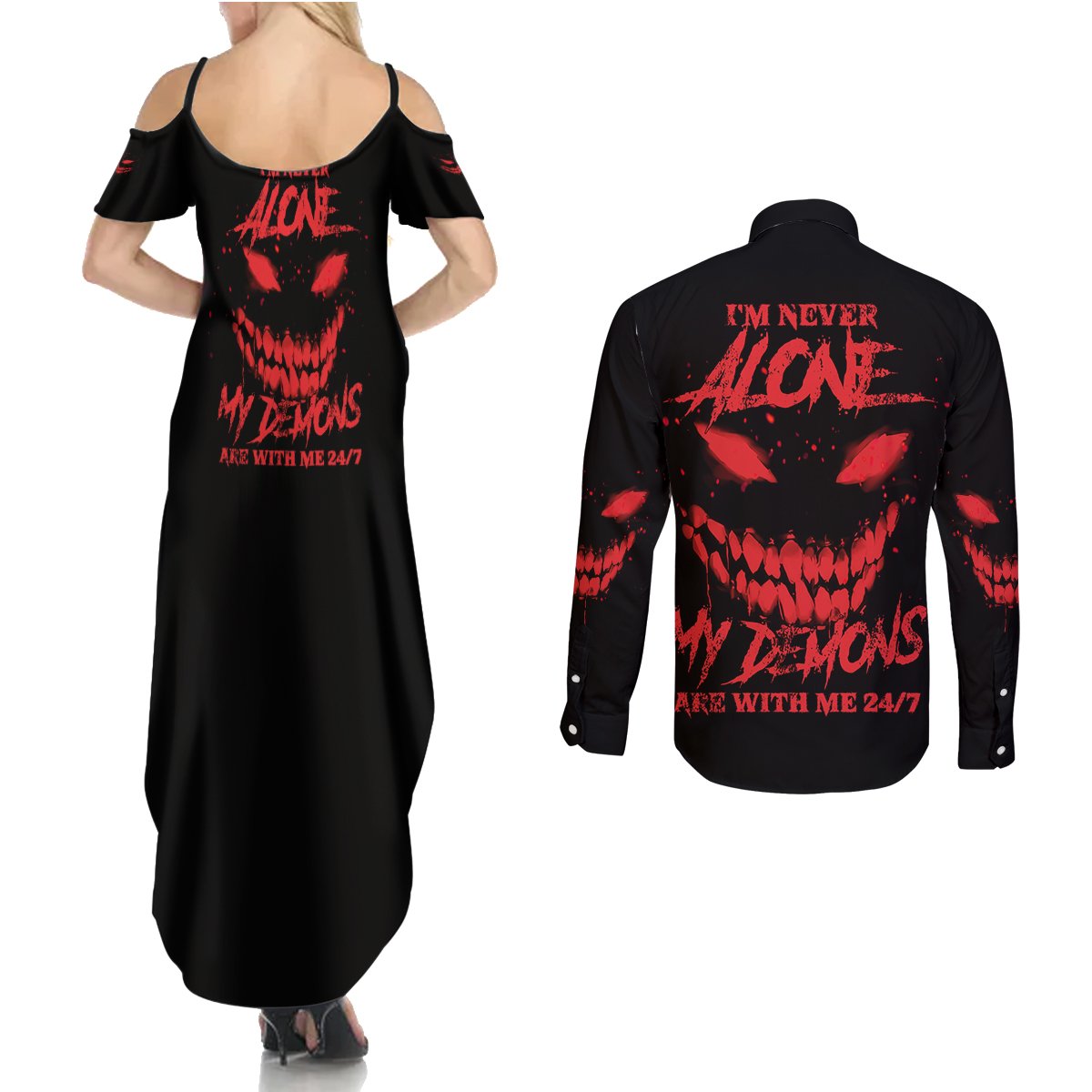 I'm Never Alone My Demon Are With Me Couples Matching Summer Maxi Dress and Long Sleeve Button Shirt - Wonder Print Shop