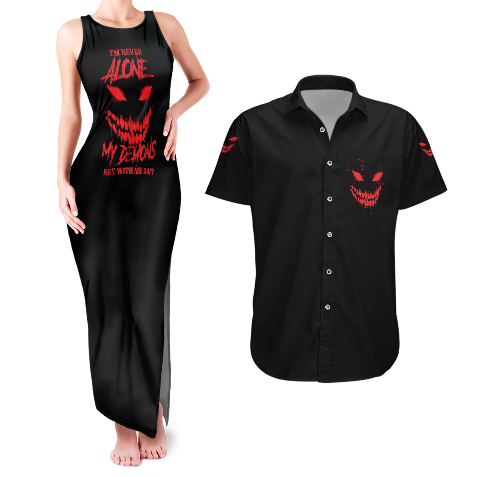 I'm Never Alone My Demon Are With Me Couples Matching Tank Maxi Dress and Hawaiian Shirt - Wonder Print Shop