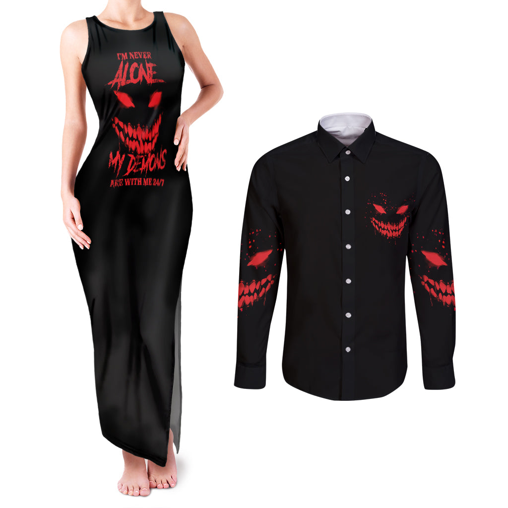 I'm Never Alone My Demon Are With Me Couples Matching Tank Maxi Dress and Long Sleeve Button Shirt - Wonder Print Shop