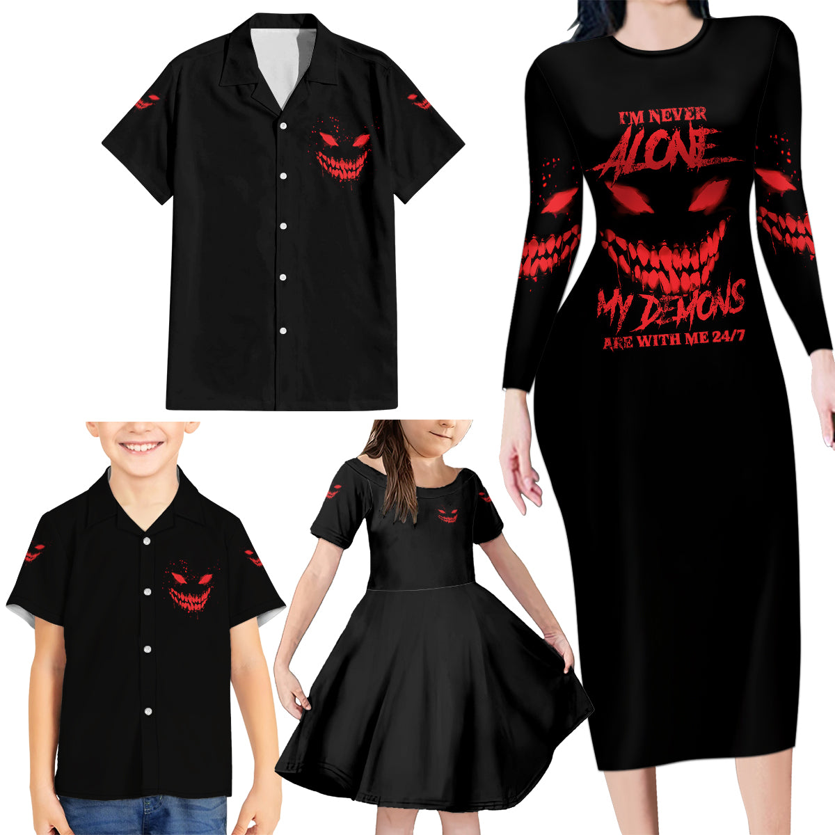 I'm Never Alone My Demon Are With Me Family Matching Long Sleeve Bodycon Dress and Hawaiian Shirt - Wonder Print Shop