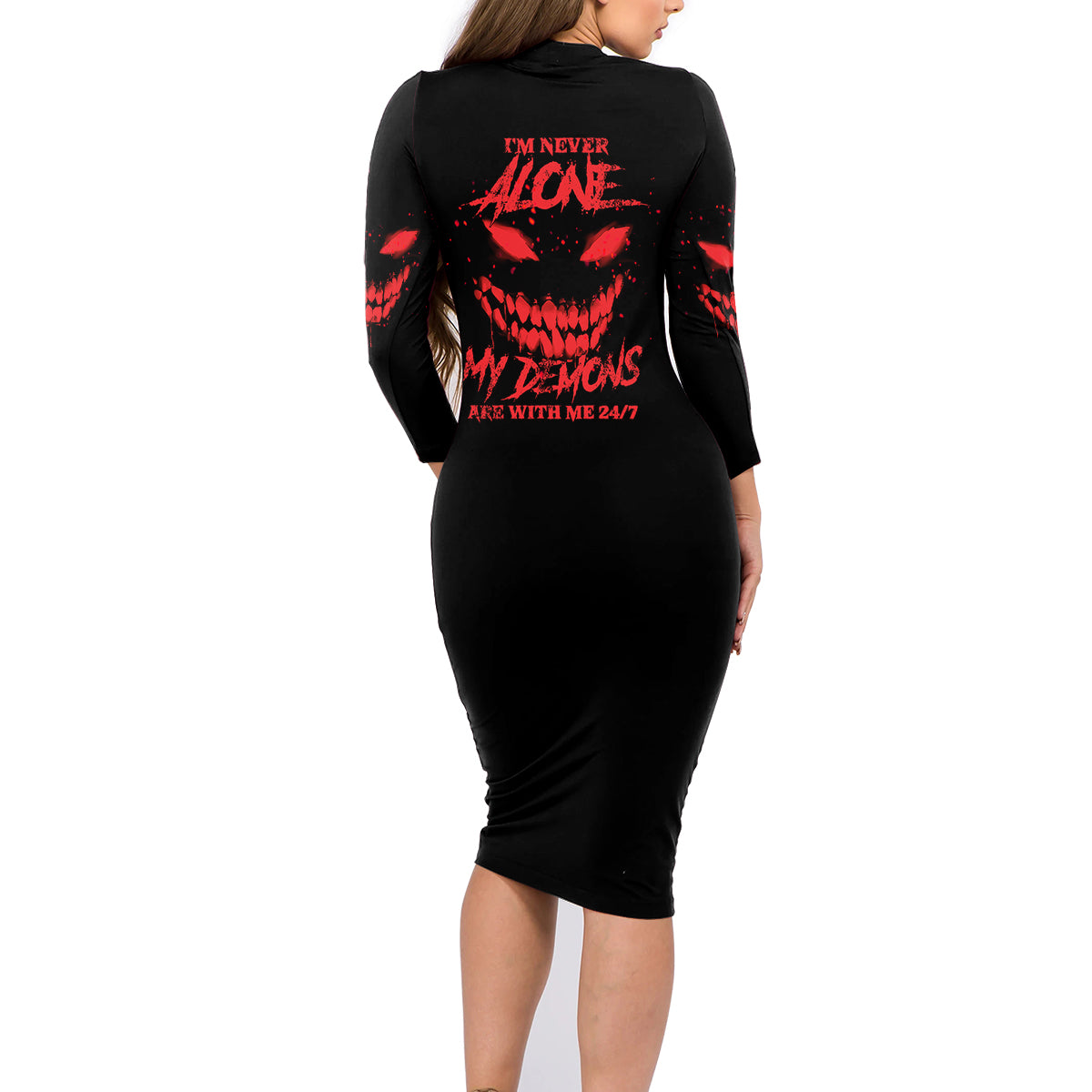 I'm Never Alone My Demon Are With Me Family Matching Long Sleeve Bodycon Dress and Hawaiian Shirt - Wonder Print Shop