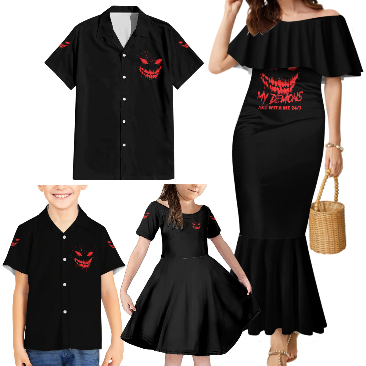 I'm Never Alone My Demon Are With Me Family Matching Mermaid Dress and Hawaiian Shirt - Wonder Print Shop