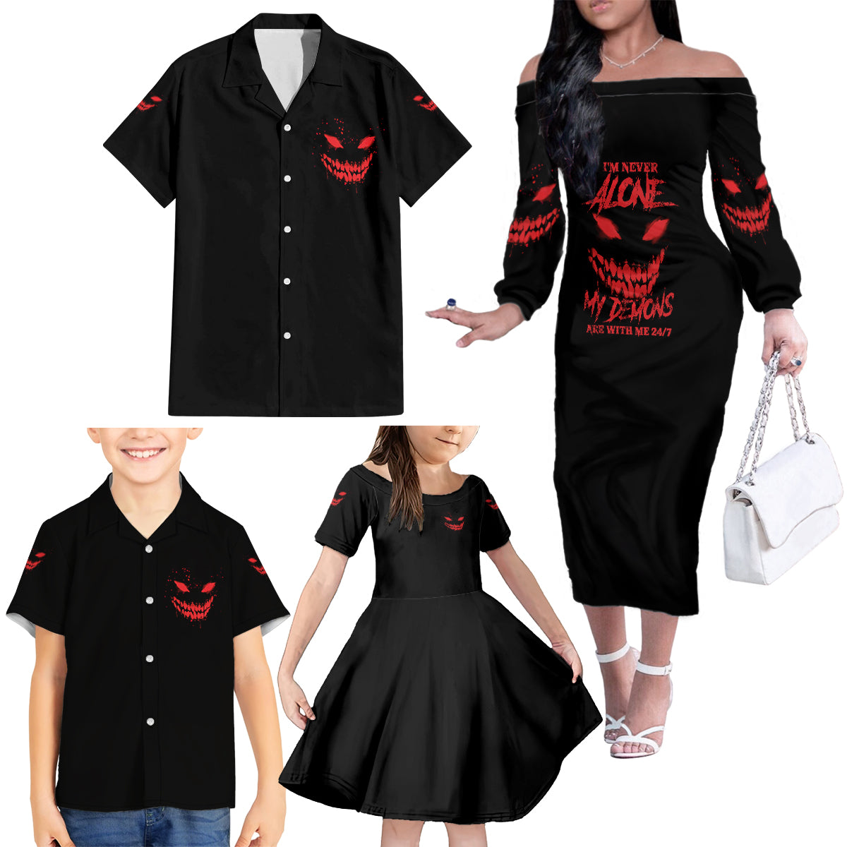 I'm Never Alone My Demon Are With Me Family Matching Off Shoulder Long Sleeve Dress and Hawaiian Shirt - Wonder Print Shop