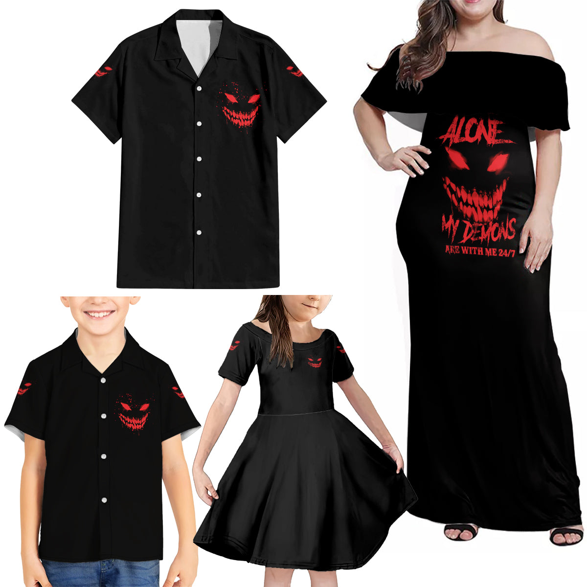 I'm Never Alone My Demon Are With Me Family Matching Off Shoulder Maxi Dress and Hawaiian Shirt - Wonder Print Shop