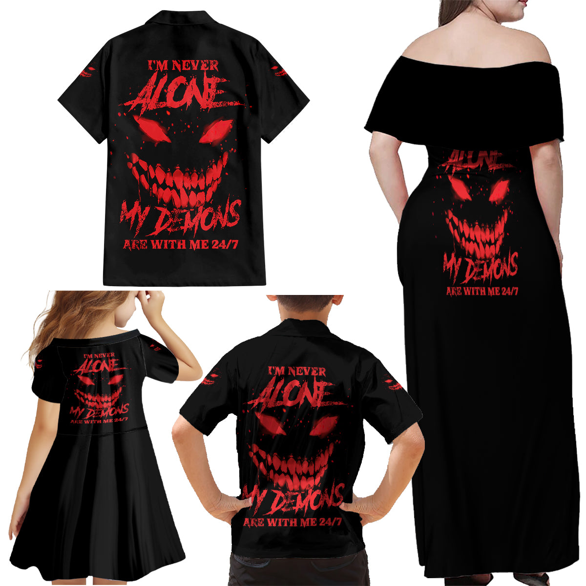 I'm Never Alone My Demon Are With Me Family Matching Off Shoulder Maxi Dress and Hawaiian Shirt - Wonder Print Shop