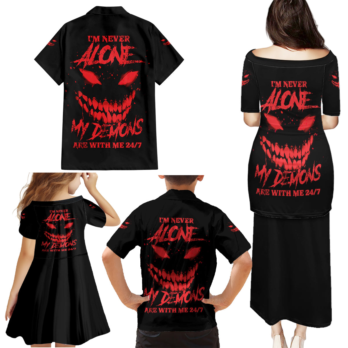 I'm Never Alone My Demon Are With Me Family Matching Puletasi Dress and Hawaiian Shirt - Wonder Print Shop