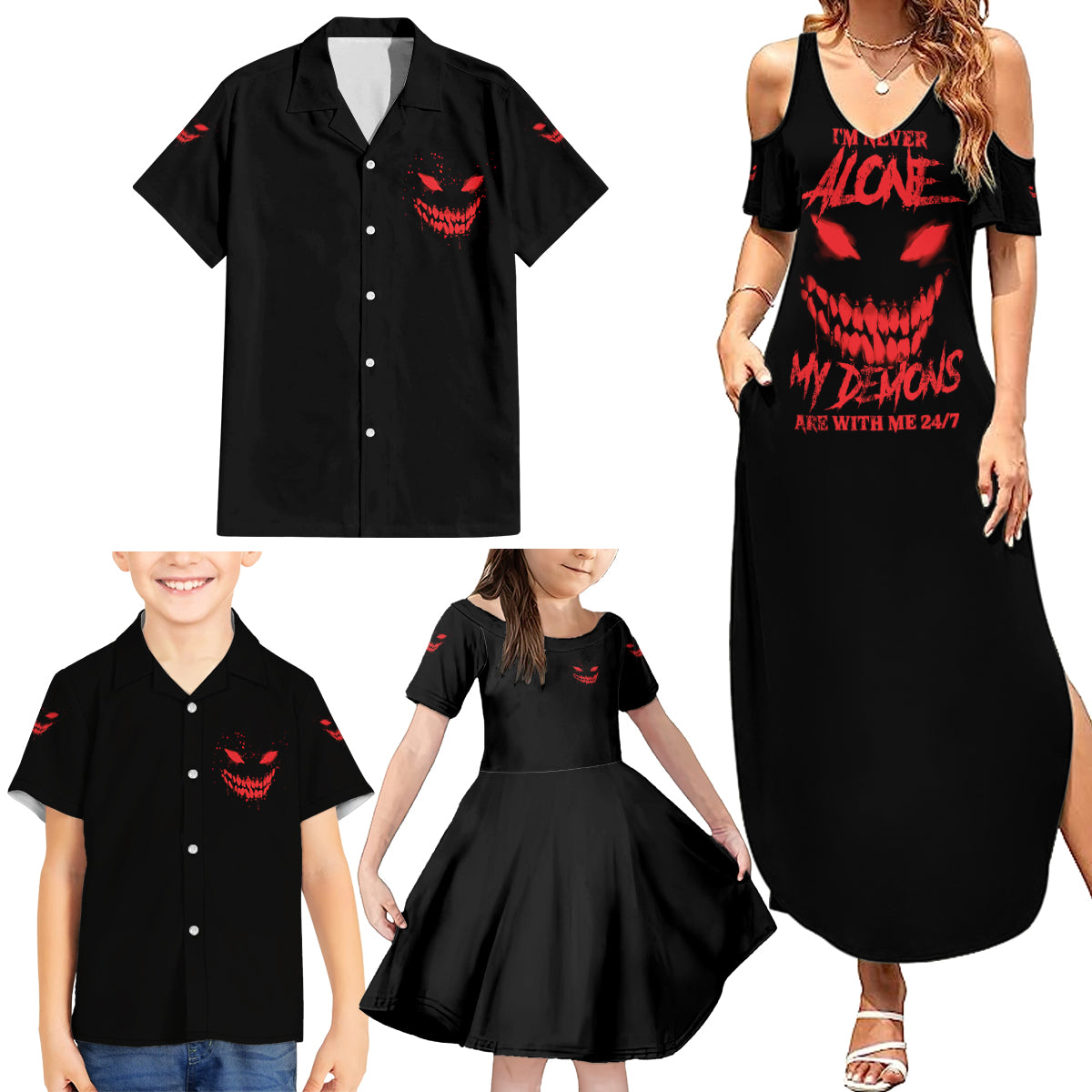 I'm Never Alone My Demon Are With Me Family Matching Summer Maxi Dress and Hawaiian Shirt - Wonder Print Shop