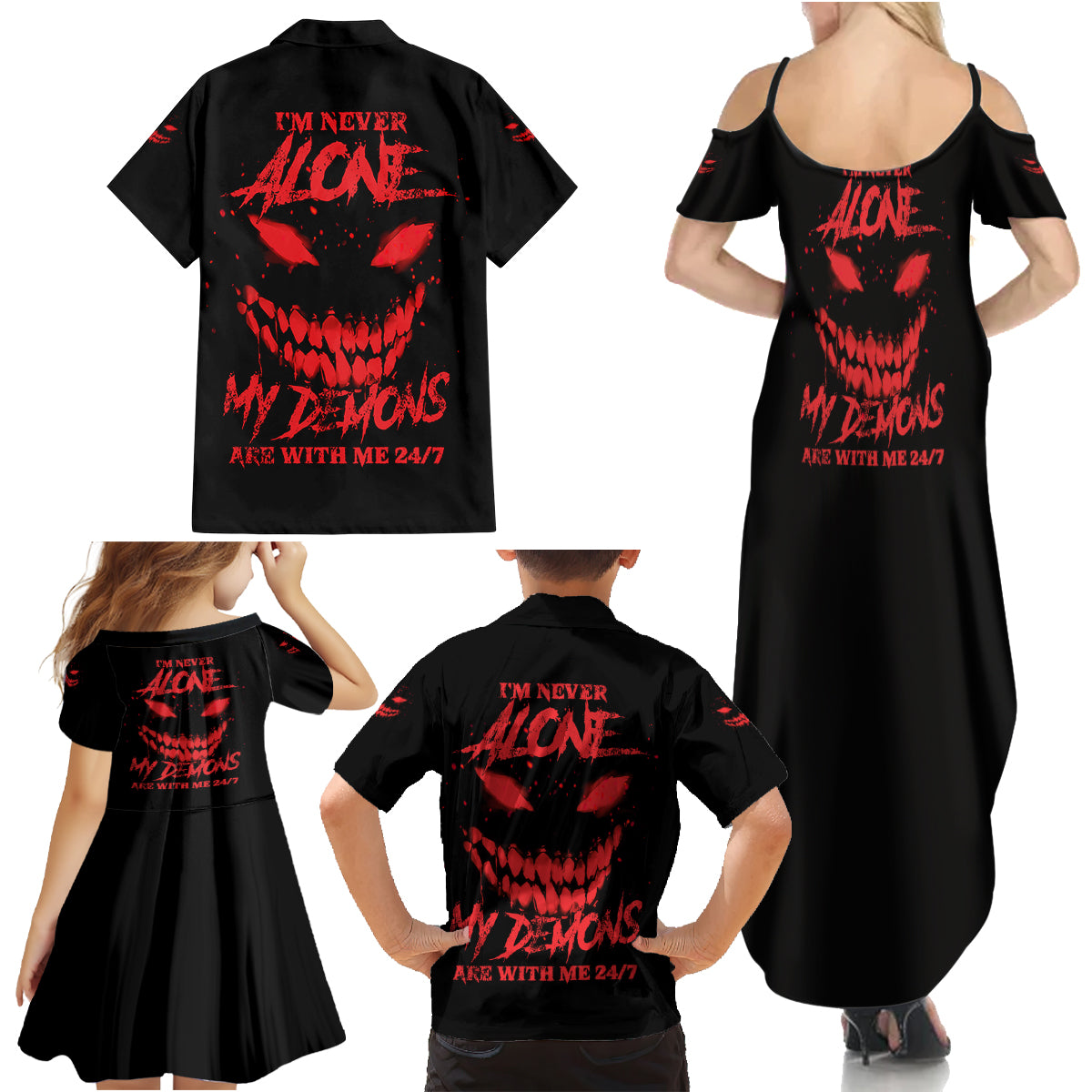 I'm Never Alone My Demon Are With Me Family Matching Summer Maxi Dress and Hawaiian Shirt - Wonder Print Shop
