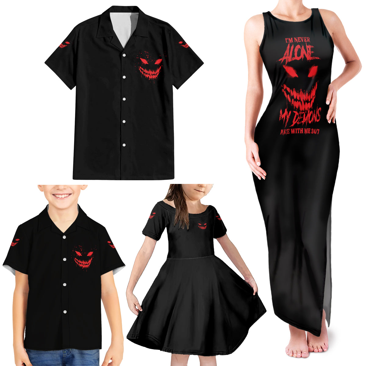 I'm Never Alone My Demon Are With Me Family Matching Tank Maxi Dress and Hawaiian Shirt - Wonder Print Shop