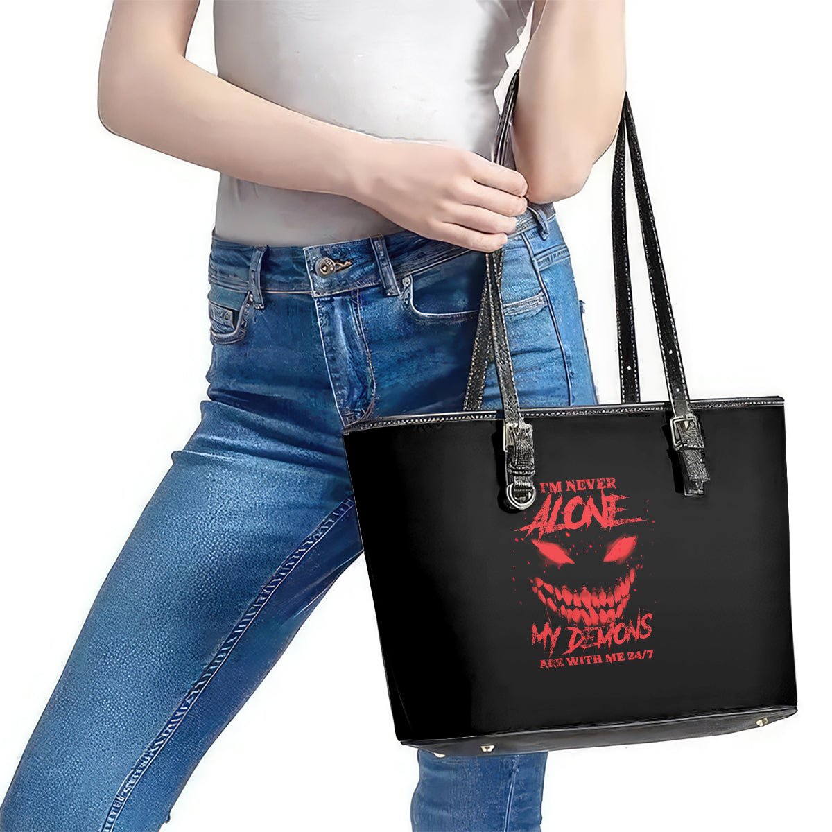 I'm Never Alone My Demon Are With Me Leather Tote Bag - Wonder Print Shop