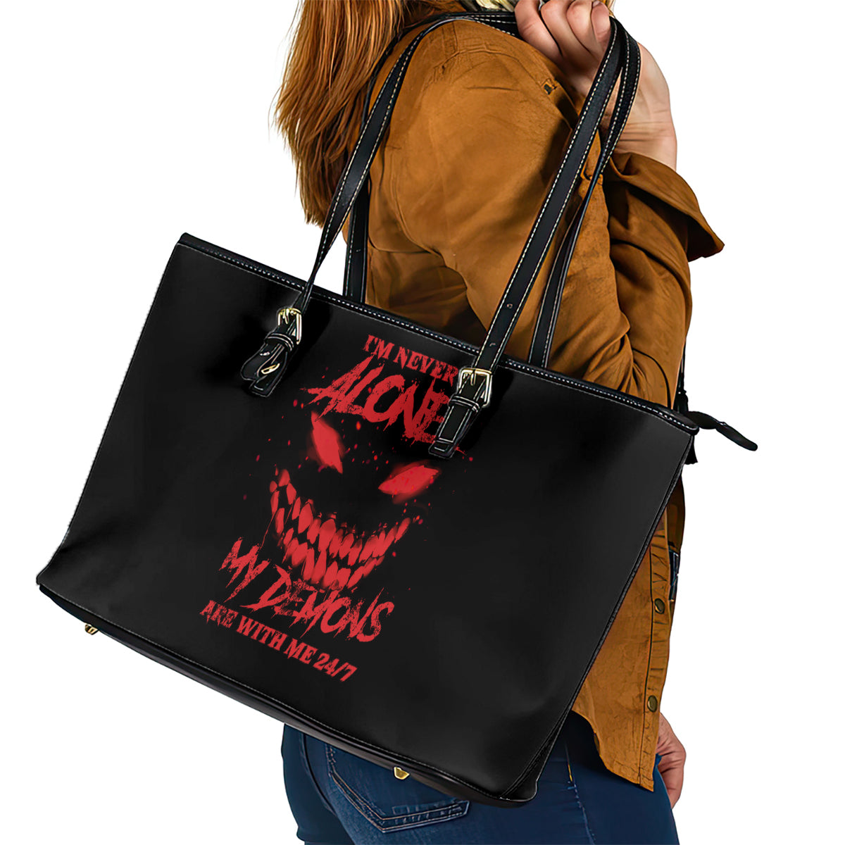 I'm Never Alone My Demon Are With Me Leather Tote Bag - Wonder Print Shop