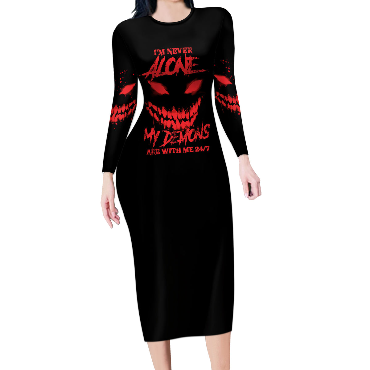 I'm Never Alone My Demon Are With Me Long Sleeve Bodycon Dress - Wonder Print Shop