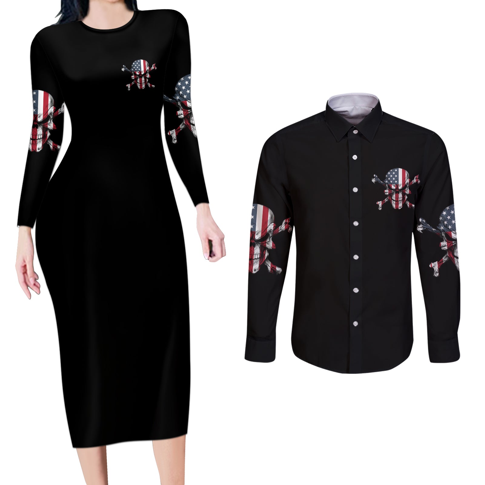 This Is America Patriotic Skull Couples Matching Long Sleeve Bodycon Dress and Long Sleeve Button Shirt - Wonder Print Shop