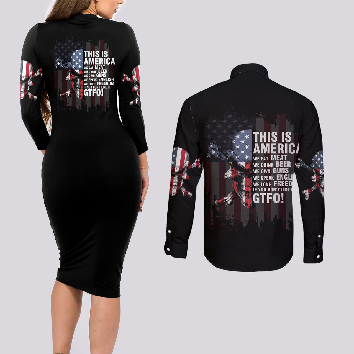 This Is America Patriotic Skull Couples Matching Long Sleeve Bodycon Dress and Long Sleeve Button Shirt - Wonder Print Shop