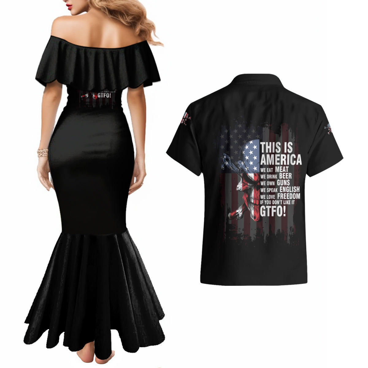 This Is America Patriotic Skull Couples Matching Mermaid Dress and Hawaiian Shirt - Wonder Print Shop
