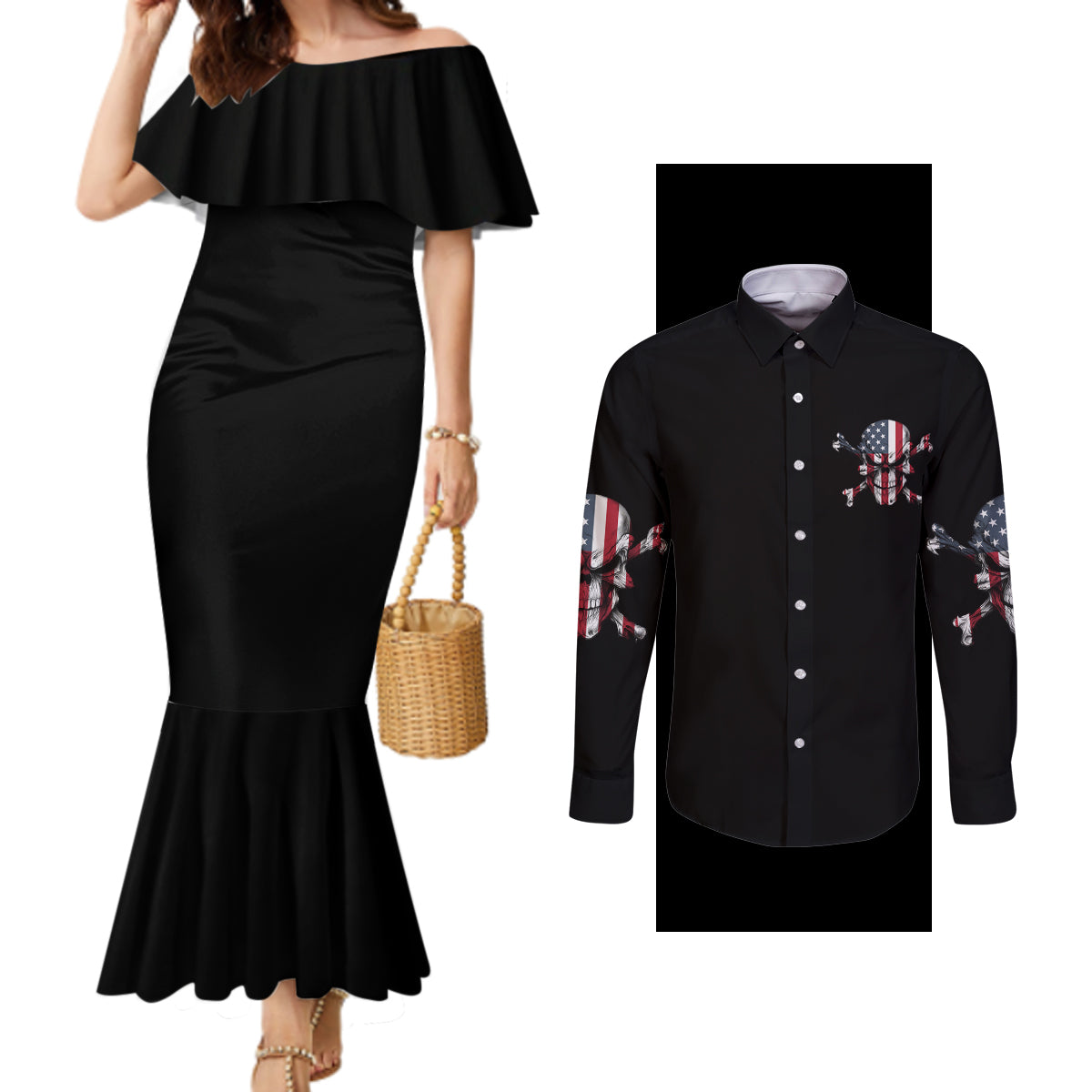 this-is-america-patriotic-skull-couples-matching-mermaid-dress-and-long-sleeve-button-shirt