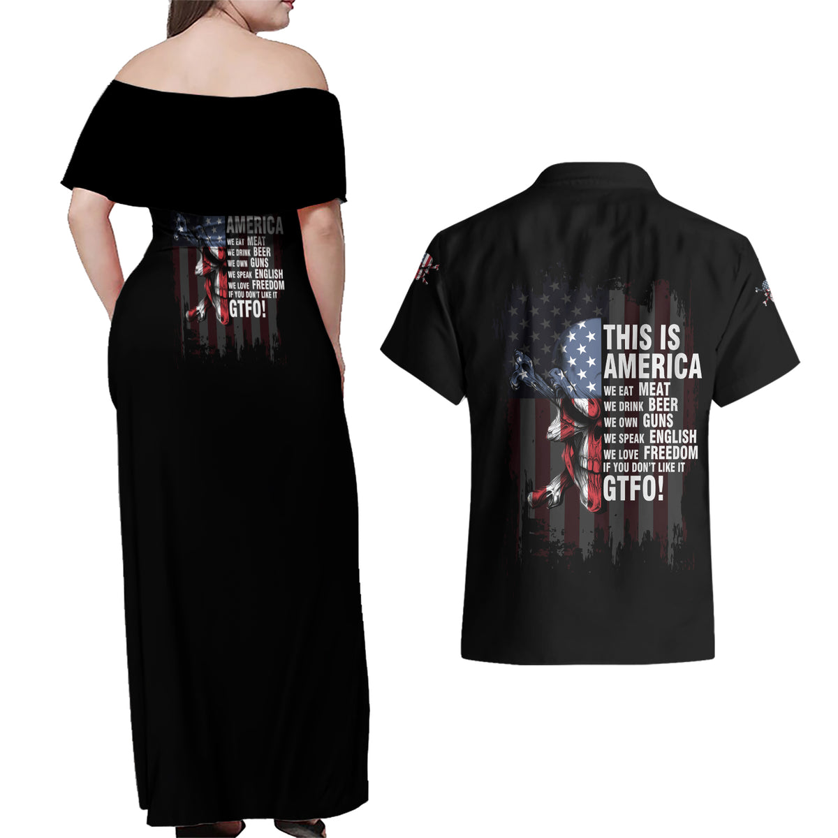 This Is America Patriotic Skull Couples Matching Off Shoulder Maxi Dress and Hawaiian Shirt - Wonder Print Shop