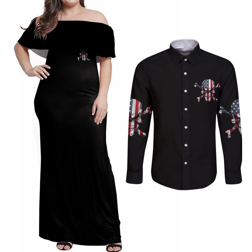 This Is America Patriotic Skull Couples Matching Off Shoulder Maxi Dress and Long Sleeve Button Shirt - Wonder Print Shop