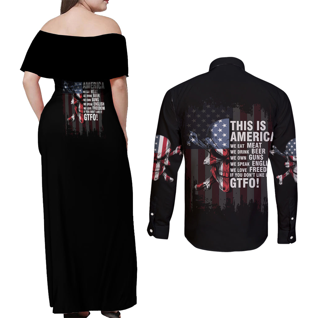 This Is America Patriotic Skull Couples Matching Off Shoulder Maxi Dress and Long Sleeve Button Shirt - Wonder Print Shop