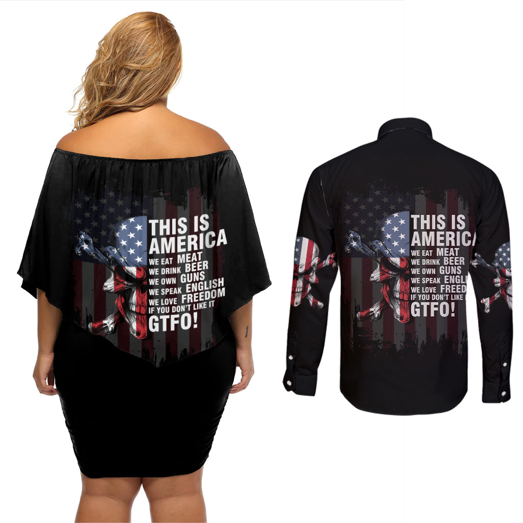 This Is America Patriotic Skull Couples Matching Off Shoulder Short Dress and Long Sleeve Button Shirt - Wonder Print Shop