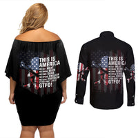 This Is America Patriotic Skull Couples Matching Off Shoulder Short Dress and Long Sleeve Button Shirt - Wonder Print Shop