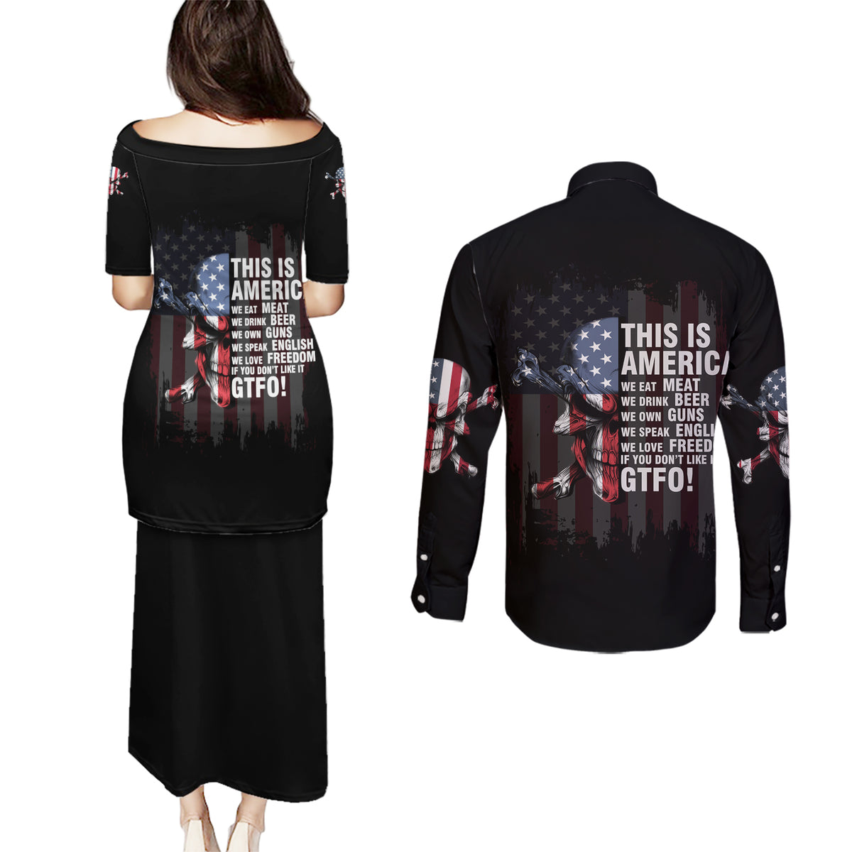 This Is America Patriotic Skull Couples Matching Puletasi Dress and Long Sleeve Button Shirt - Wonder Print Shop