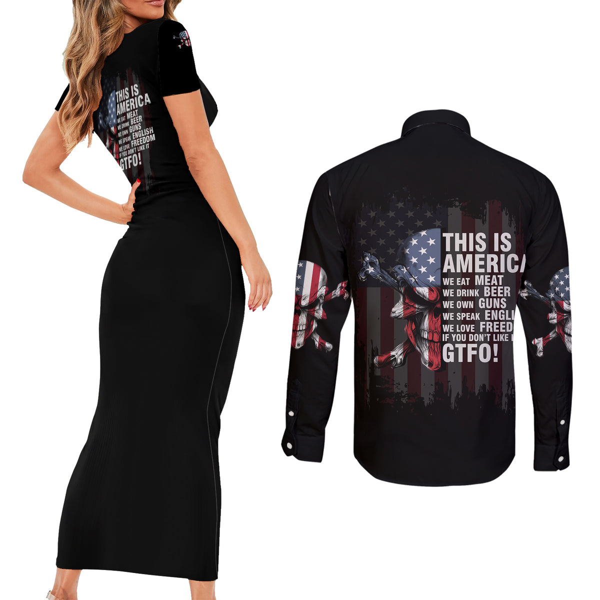 This Is America Patriotic Skull Couples Matching Short Sleeve Bodycon Dress and Long Sleeve Button Shirt - Wonder Print Shop
