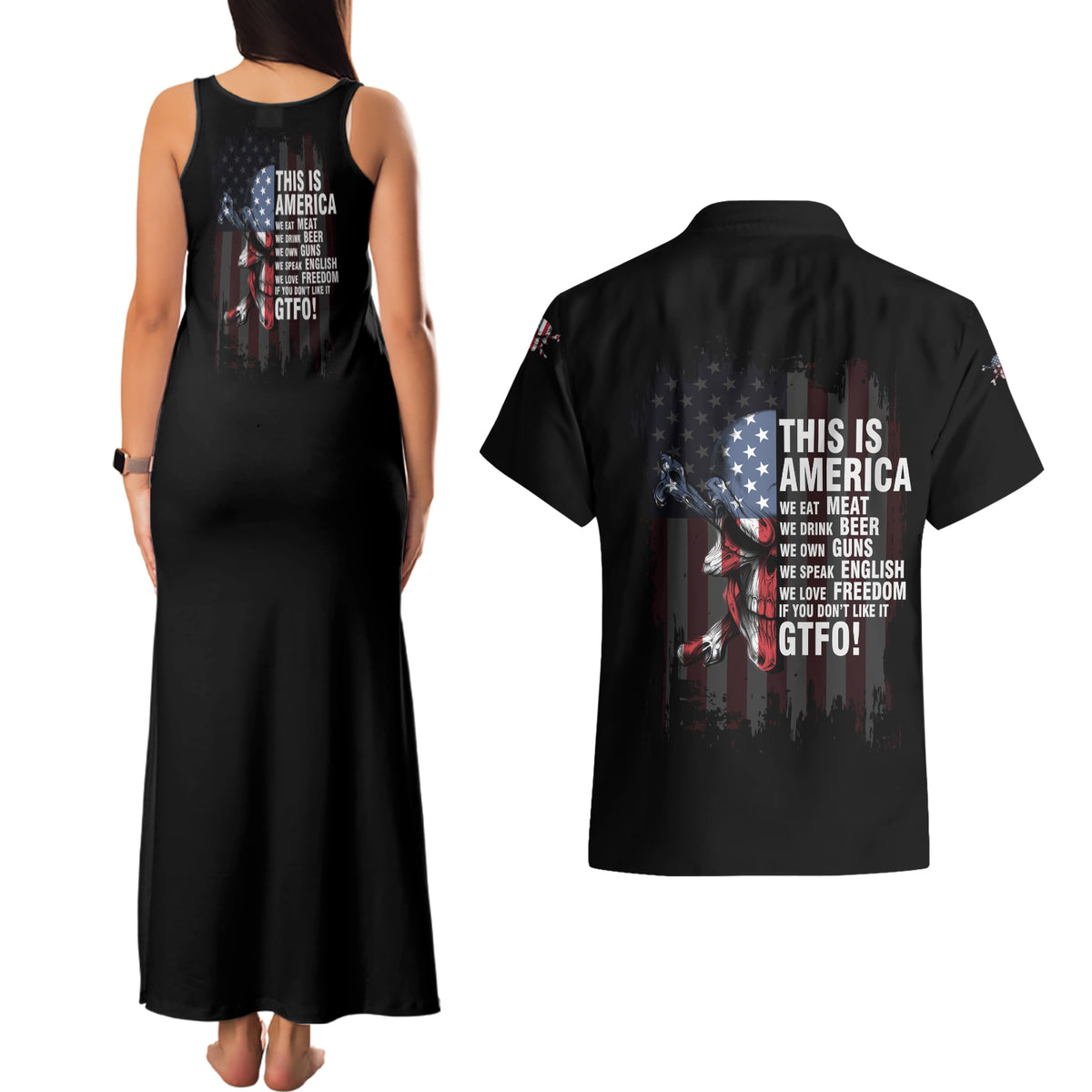 This Is America Patriotic Skull Couples Matching Tank Maxi Dress and Hawaiian Shirt - Wonder Print Shop