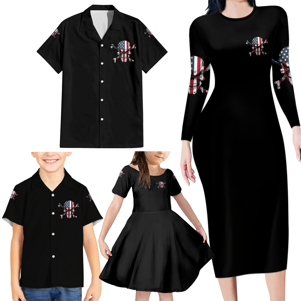 This Is America Patriotic Skull Family Matching Long Sleeve Bodycon Dress and Hawaiian Shirt - Wonder Print Shop