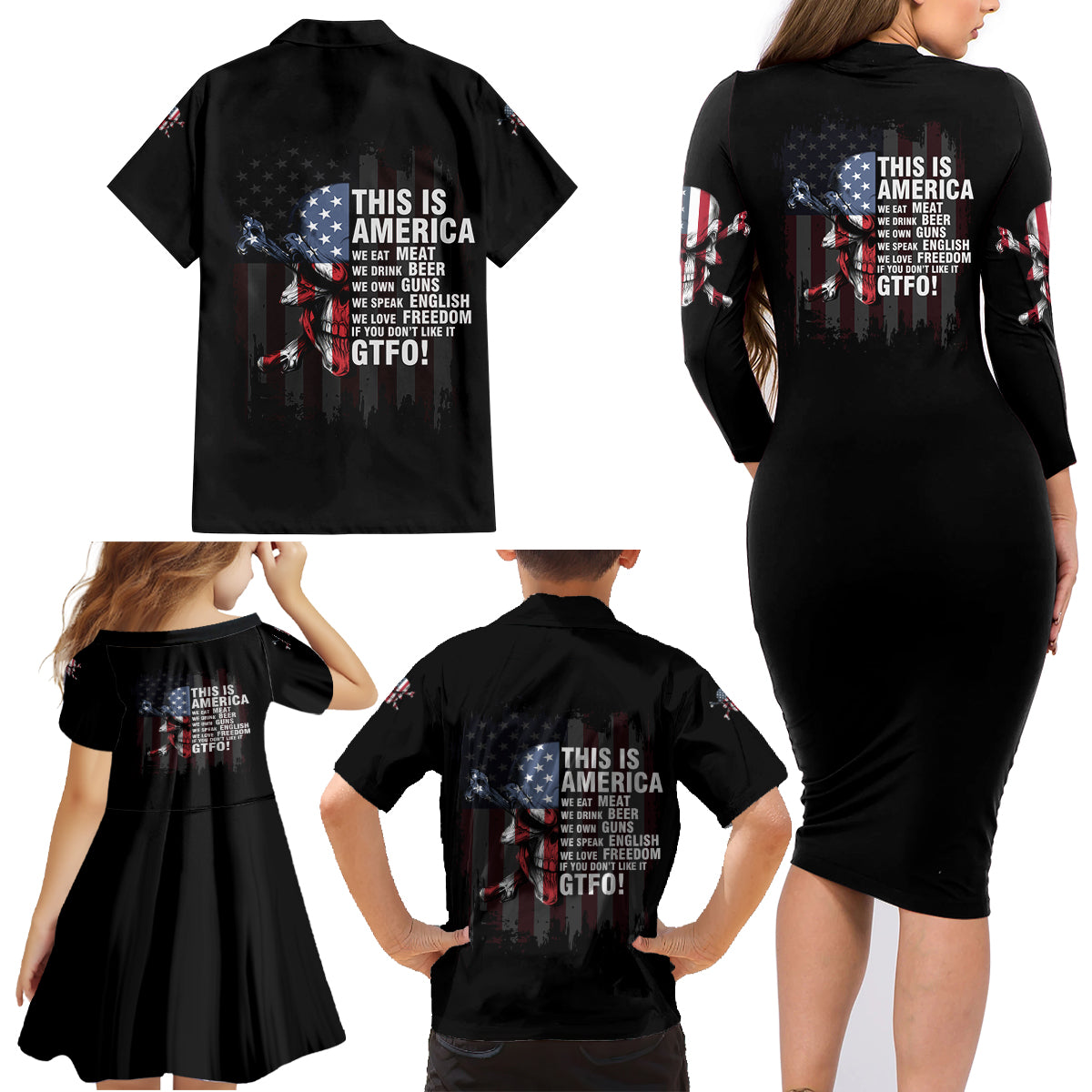This Is America Patriotic Skull Family Matching Long Sleeve Bodycon Dress and Hawaiian Shirt - Wonder Print Shop
