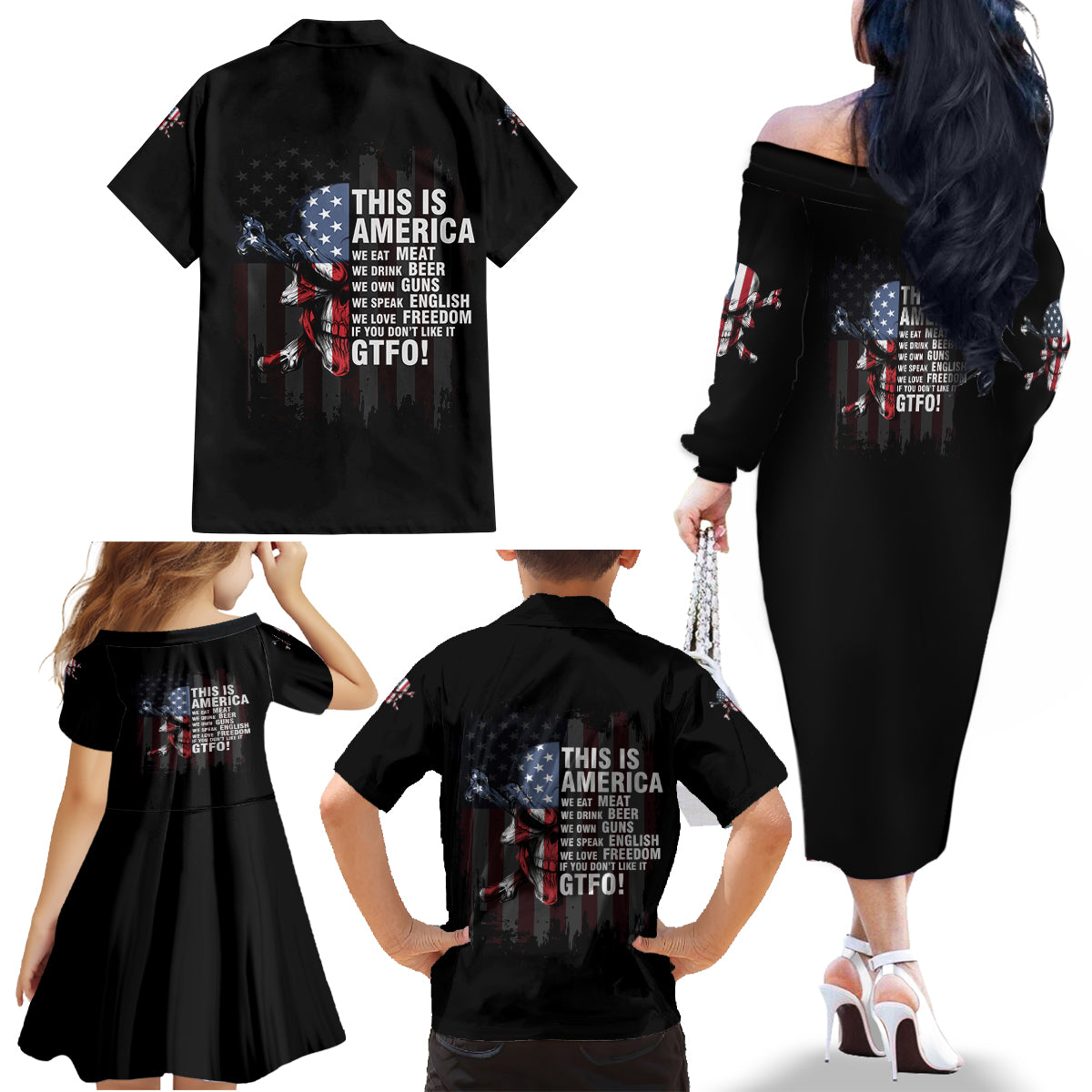 This Is America Patriotic Skull Family Matching Off Shoulder Long Sleeve Dress and Hawaiian Shirt - Wonder Print Shop
