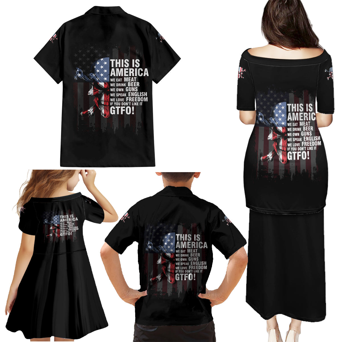 This Is America Patriotic Skull Family Matching Puletasi Dress and Hawaiian Shirt - Wonder Print Shop