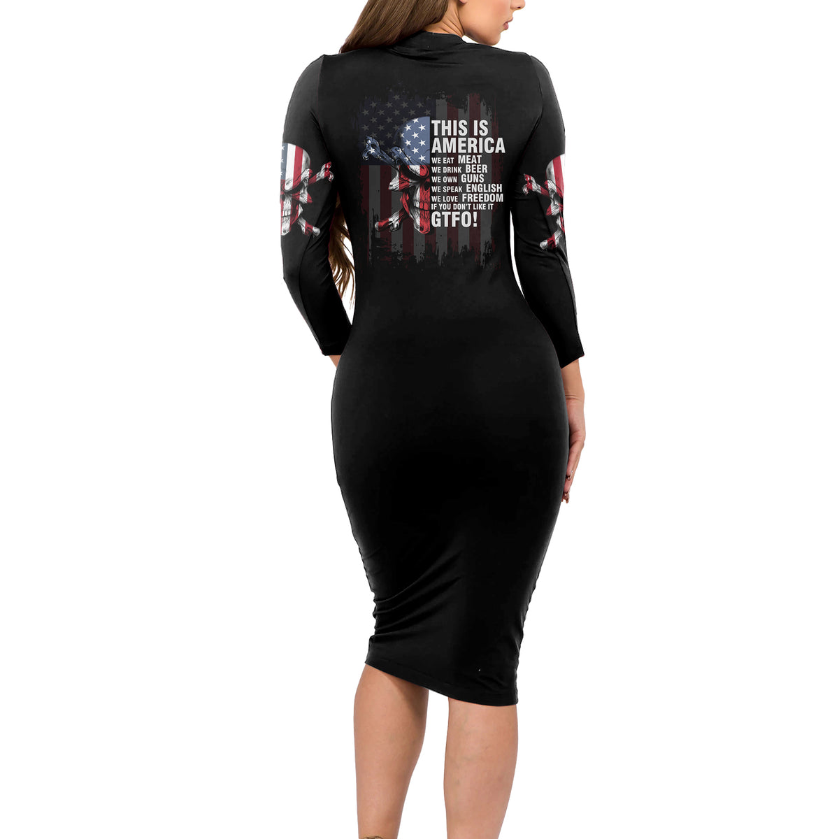 This Is America Patriotic Skull Long Sleeve Bodycon Dress - Wonder Print Shop