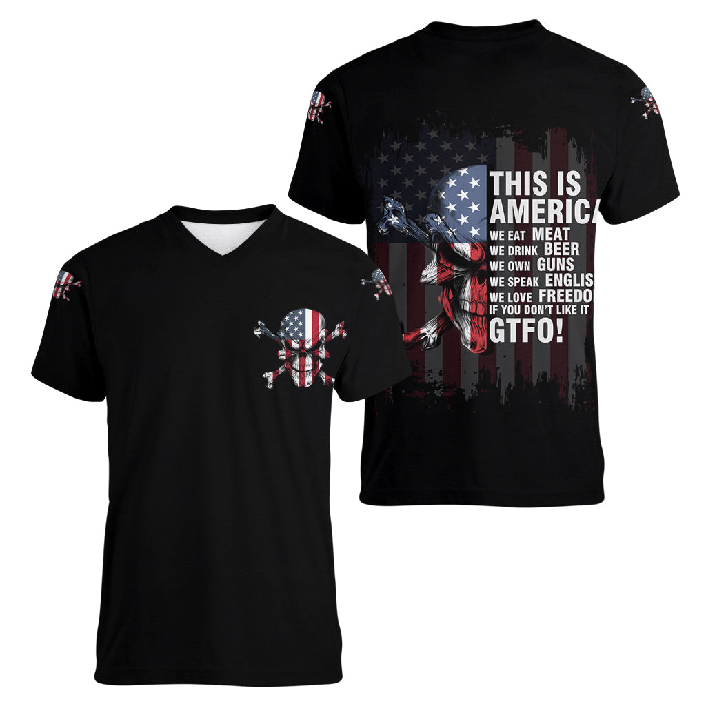 This Is America Patriotic Skull Women V Neck T Shirt - Wonder Print Shop