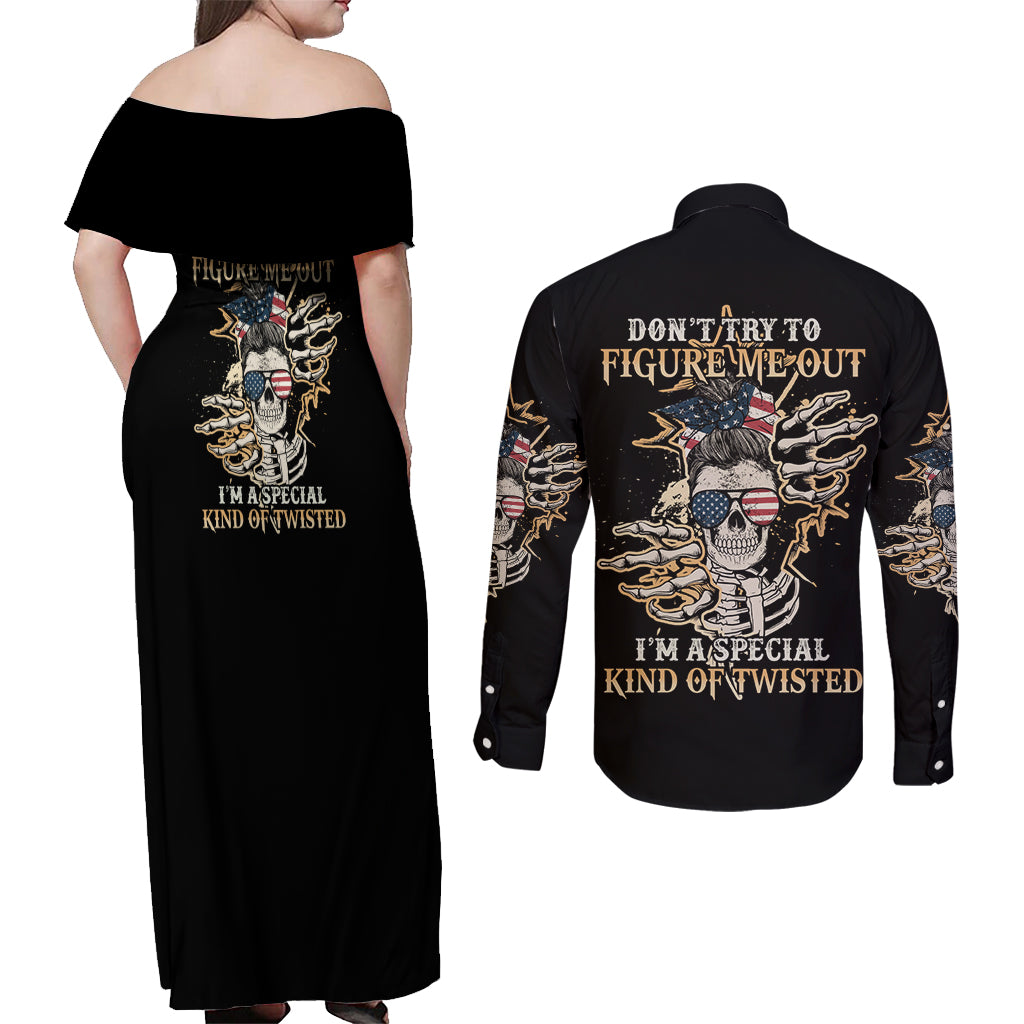 Don't Try To Figure Me Out Couples Matching Off Shoulder Maxi Dress and Long Sleeve Button Shirt - Wonder Print Shop