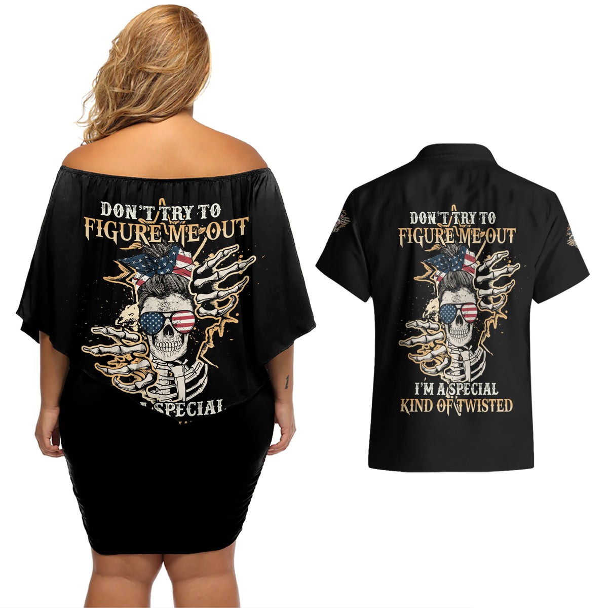 Don't Try To Figure Me Out Couples Matching Off Shoulder Short Dress and Hawaiian Shirt - Wonder Print Shop