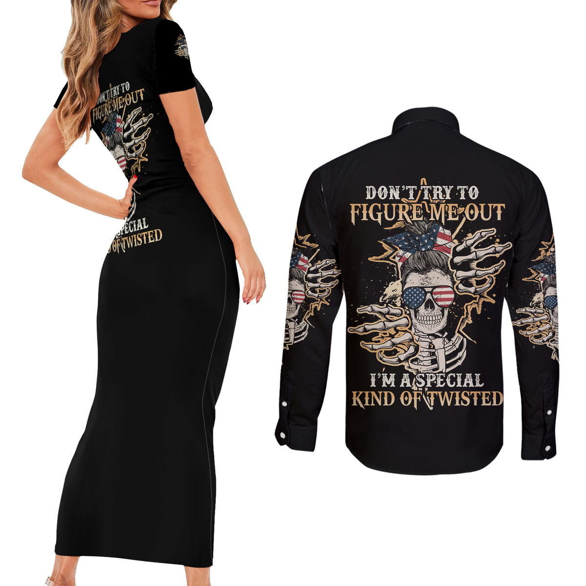 Don't Try To Figure Me Out Couples Matching Short Sleeve Bodycon Dress and Long Sleeve Button Shirt - Wonder Print Shop